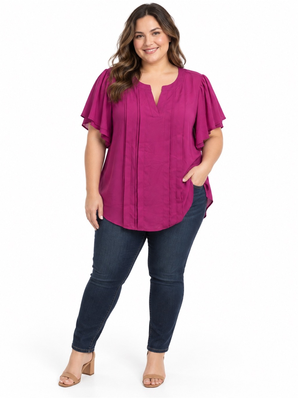 Liz Claiborne Magenta Split V-Neck Short Sleeve Blouse